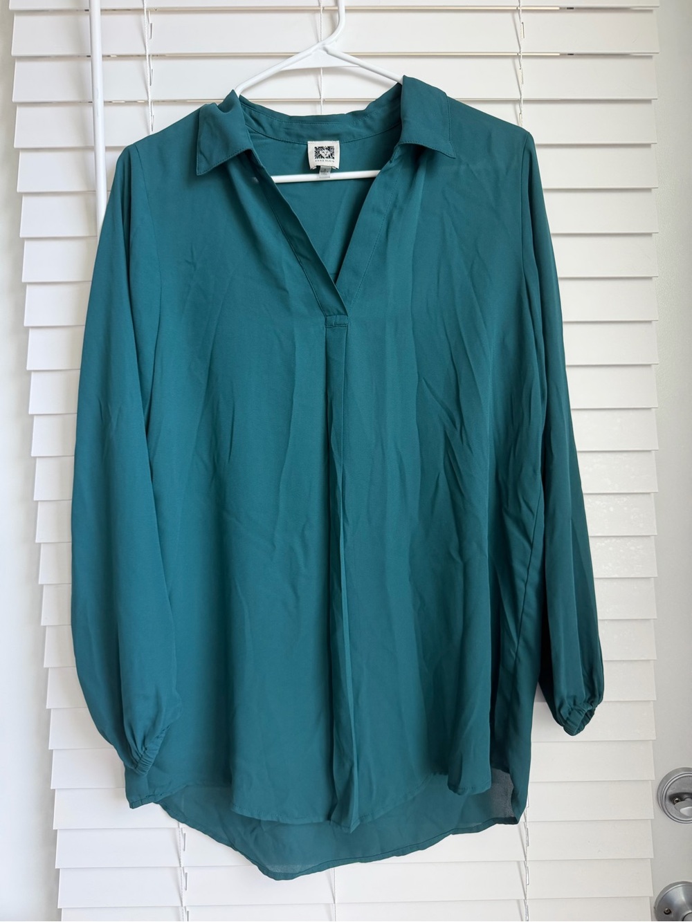 Anne Klein Teal V-Neck Long Sleeve Collared Blouse